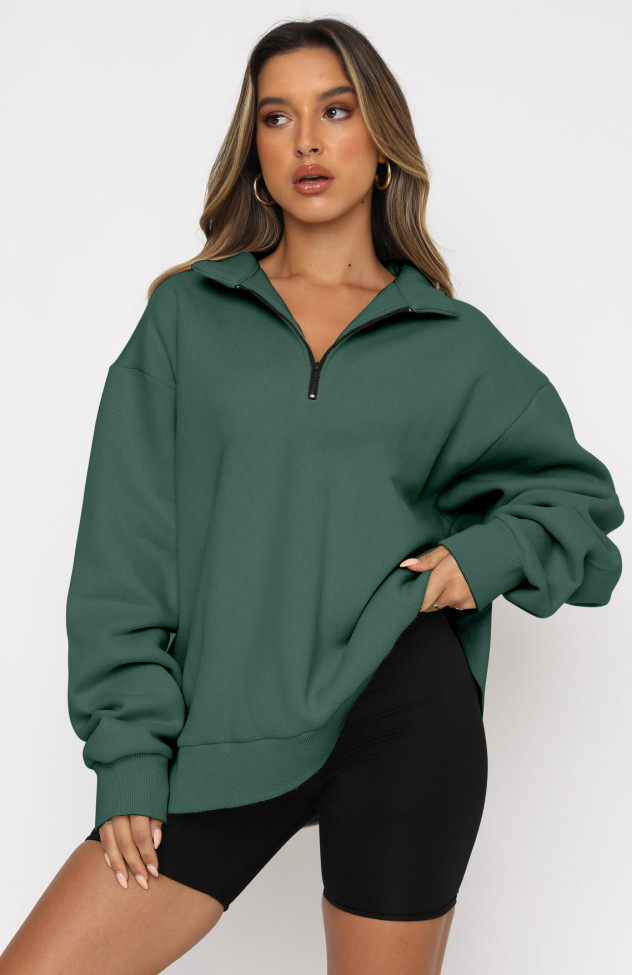 Women's Sweatshirts Front Zipper Pullover Solid Color Loose Sweatshirt