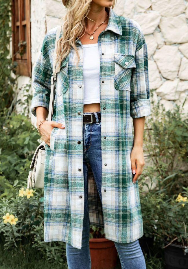 Women's Plaid Shacket INS Style Woolen Plaid Print Long Sleeve Jacket Long-Length Check Shacket