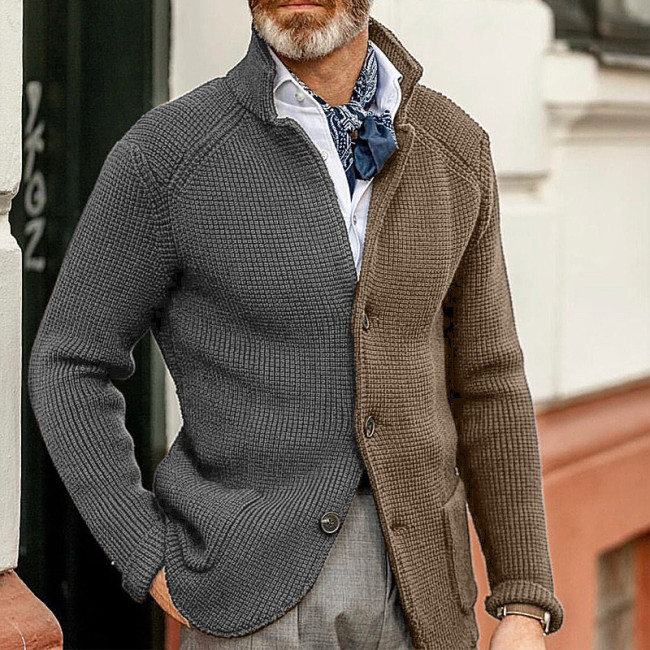 Men's Cardigan Color Block Stand Collar Knitted Blazer