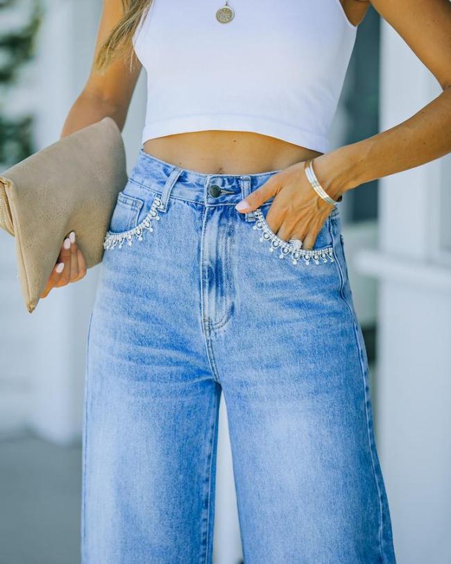 Women's Jeans Retro Boyfriend Straight Jeans with Floral Pocket