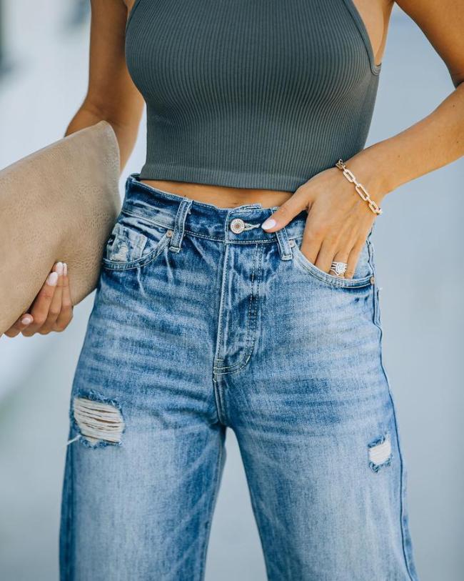Women's Jeans Retro Ripped Boyfriend Straight Jeans