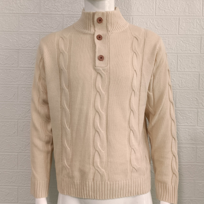 Mens Sweater Stand Collar Solid Color Long Sleeve Knitted Sweater