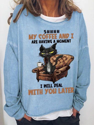 Women Funny Cat Coffee Simple Loose Sweatshirts