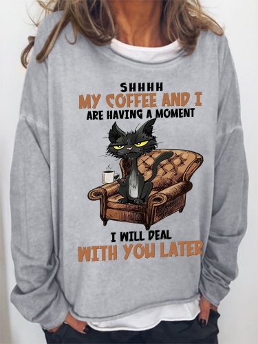 Women Funny Cat Coffee Simple Loose Sweatshirts