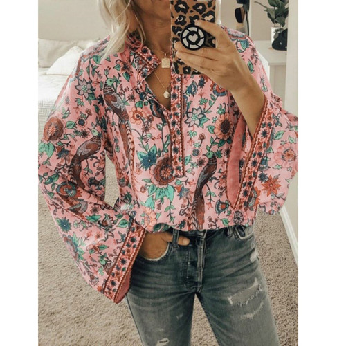 Women's Shirt Floral Print V-Neck Long Sleeve Blouse Top