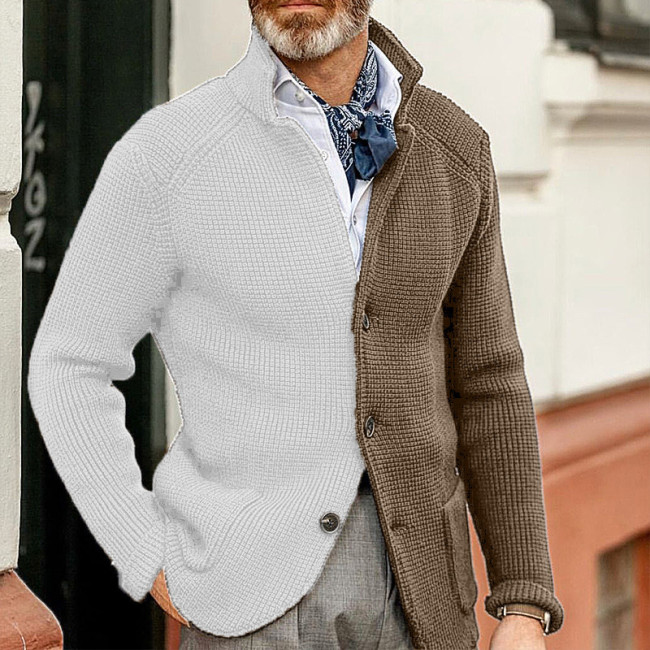 Men's Cardigan Color Block Stand Collar Knitted Blazer