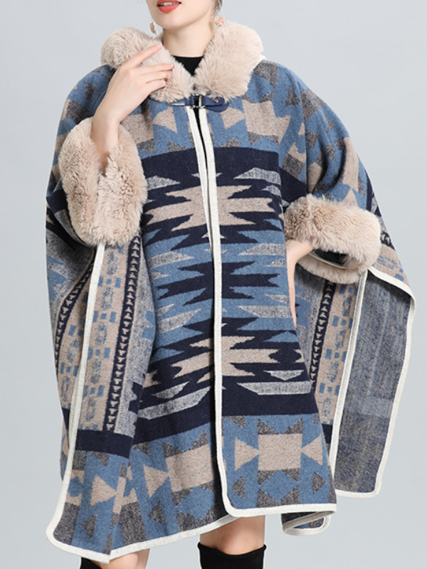 Women's Shawl Loose Fur Collar Jacquard Knit Cardigan Shawl Cape Coat Aztec Shawl