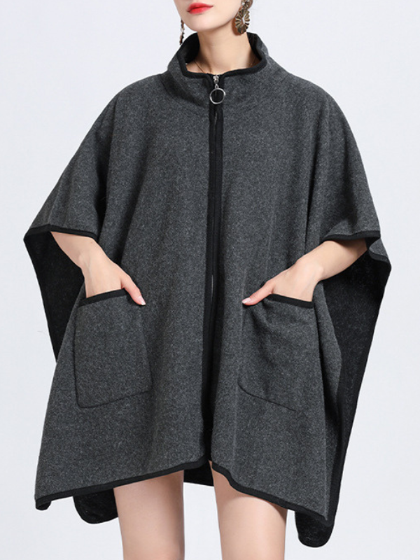 Women's Hooded Cape Woolen Knitted Oversize Coat Stand Collar Zipper Poncho Batwing Sleeves Loose Cloak With Pocket