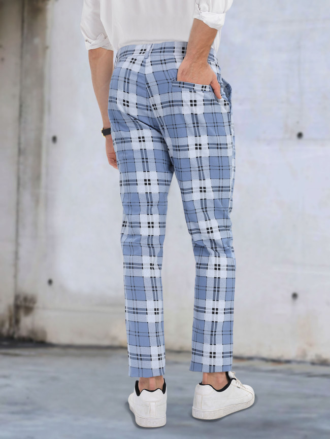 Men's Casual Plaid Pant Straight Blue Plaid Pant Slim Fit Mens Pant