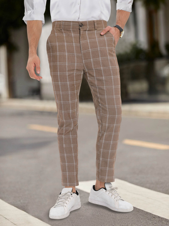 Men's Casual Plaid Pant Straight Brown Plaid Pant Slim Fit Mens Pant
