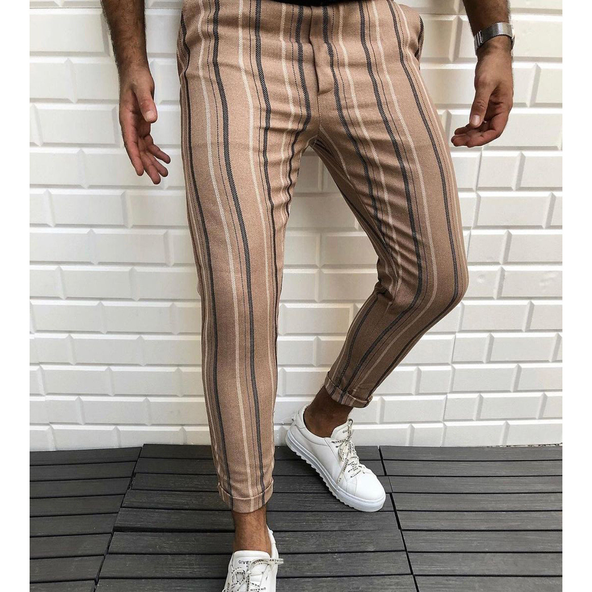 US 31.89 Men's Casual Striped Pant Straight Sport Mens Pant Skinny