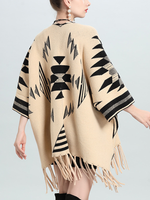Women's Shawl Western Aztec Pattern Long Sleeve Tassel Woolen Shawl Cape Coat