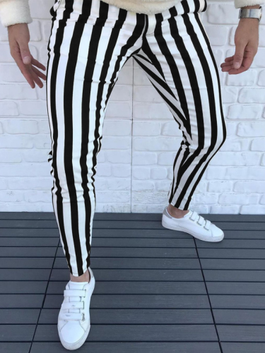 Men's Casual Striped Pant Straight Sport Mens Pant Skinny Slim Fit Pants