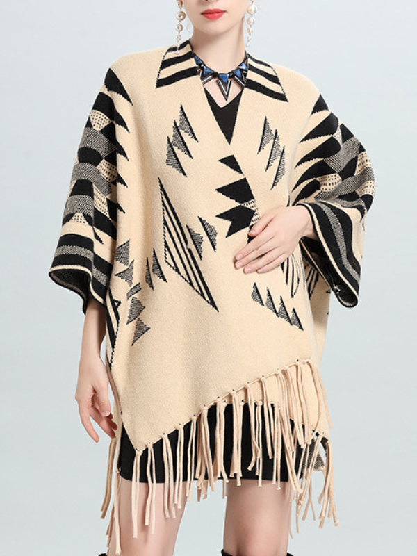 Women's Shawl Western Aztec Pattern Long Sleeve Tassel Woolen Shawl Cape Coat