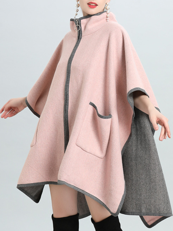Women's Hooded Cape Woolen Knitted Oversize Coat Stand Collar Zipper Poncho Batwing Sleeves Loose Cloak With Pocket