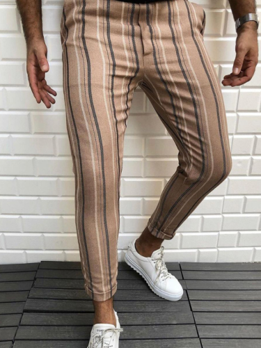Men's Casual Striped Pant Straight Sport Mens Pant Skinny Slim Fit Coffee Brown Pants