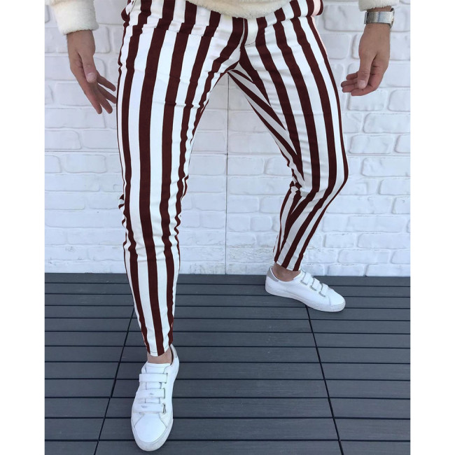 Men's Casual Striped Pant Straight Sport Mens Pant Skinny Slim Fit Pants