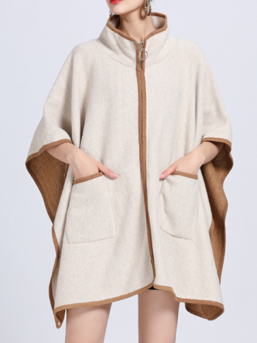 Women's Hooded Cape Woolen Knitted Oversize Coat Stand Collar Zipper Poncho Batwing Sleeves Loose Cloak With Pocket