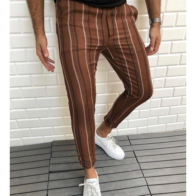 Men's Casual Striped Pant Straight Sport Mens Pant Skinny Slim Fit Coffee Brown Pants