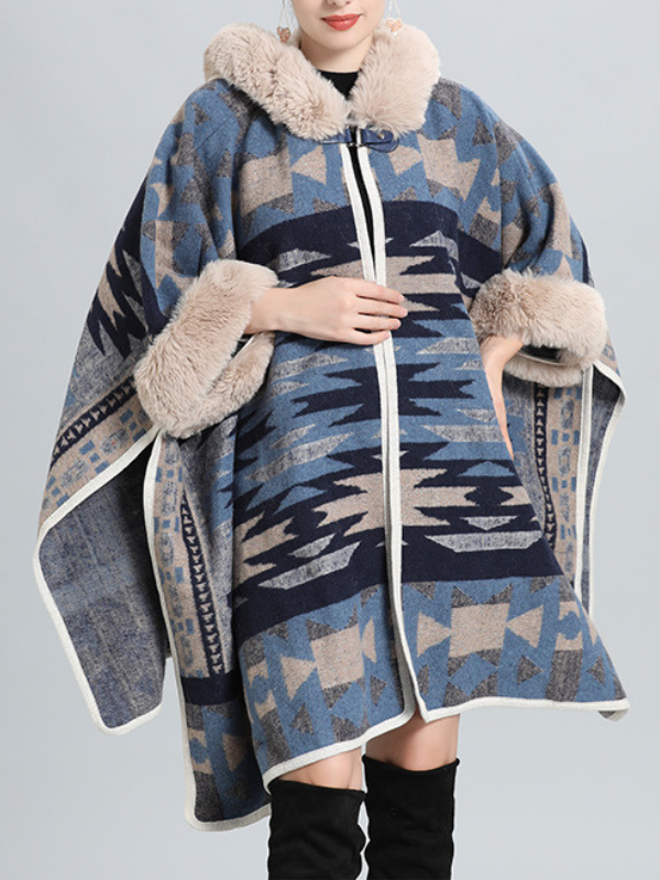 Women's Shawl Loose Fur Collar Jacquard Knit Cardigan Shawl Cape Coat Aztec Shawl