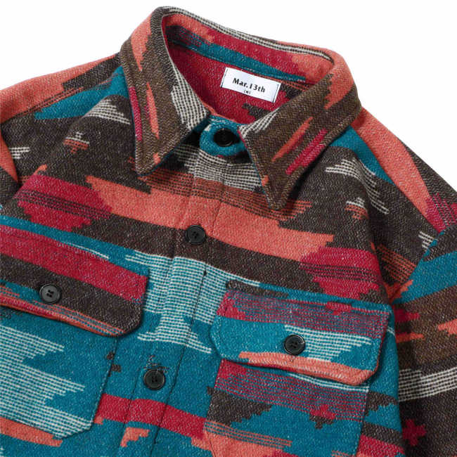 Men's Blue Red Aztec Geometric Jacket West Cowboy Style Western Woolen Shirt Jacket Coat