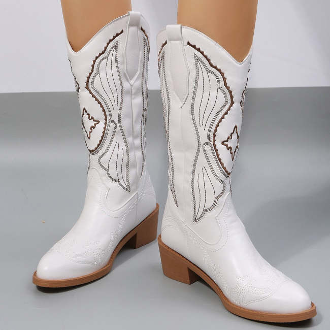 Western Cowboy Boots Women Wing Embroidery Shoes Low Heel