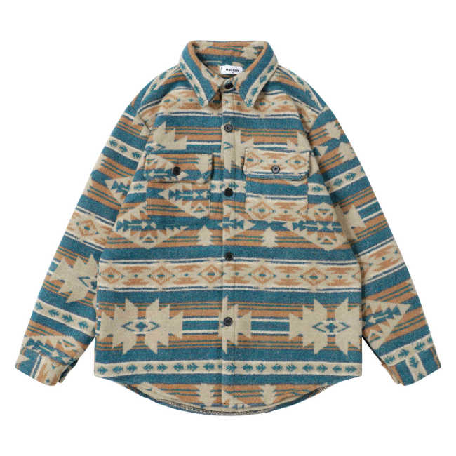 Men's Blue Aztec Geometric Jacket West Cowboy Style Lapel Collar Shirt Jacket Coat