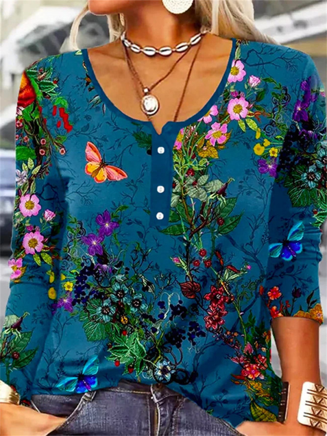 Women's Top Floral Printed U Collar Long Sleeve T-Shirt Top