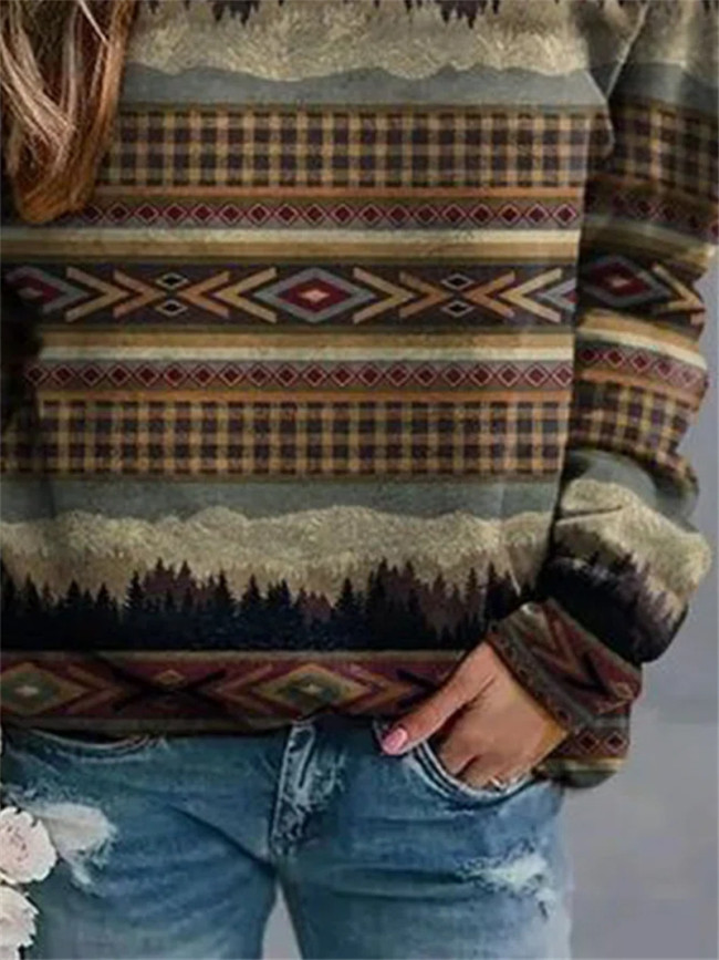 Women's Sweatshirt Aztec Geometric Forest Print Crew Neck Loose Sweatshirt