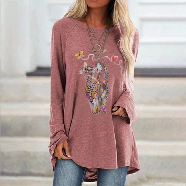 Women's T-Shirt Cute Colorful Cat Print Crew Neck Long Sleeve Top