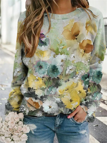 Women's Floral Printed Crew Neck Long Sleeve Loose Sweatshirts