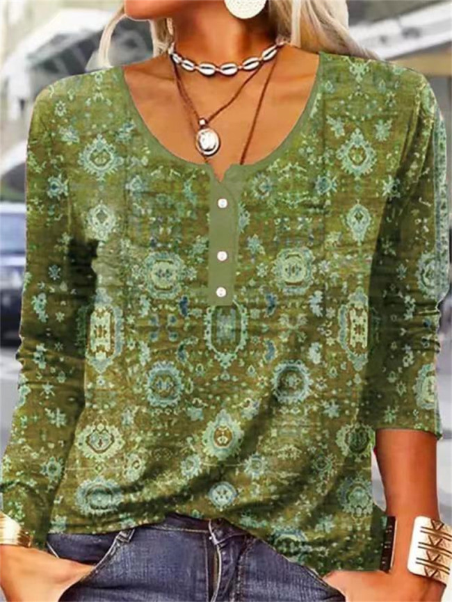 US$ 19.98 - Women's Casual Top Floral Printed U Collar Long Sleeve Top ...