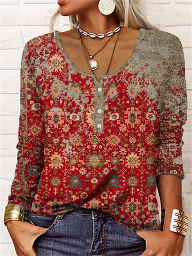 Women's Floral Printed U Collar Long Sleeve T-Shirt Top