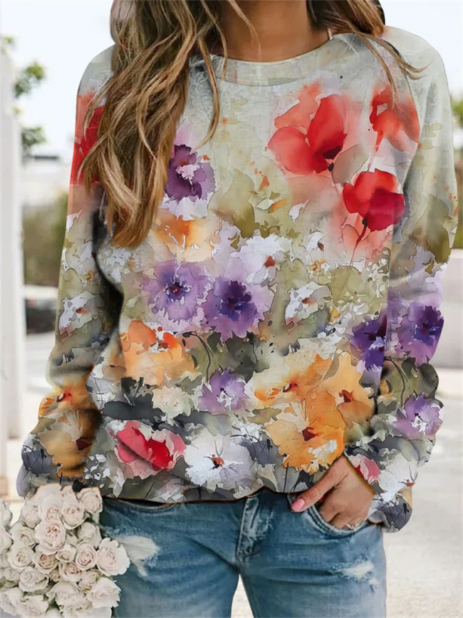 Women's Floral Printed Crew Neck Long Sleeve Loose Sweatshirts