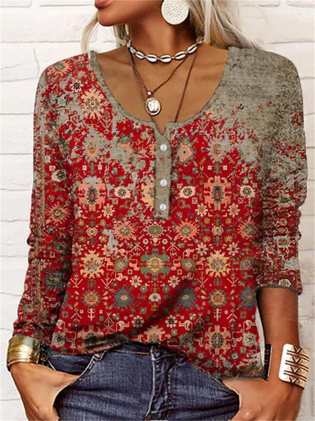 Women's Floral Printed U Collar Long Sleeve Casual T-Shirt Top for Women