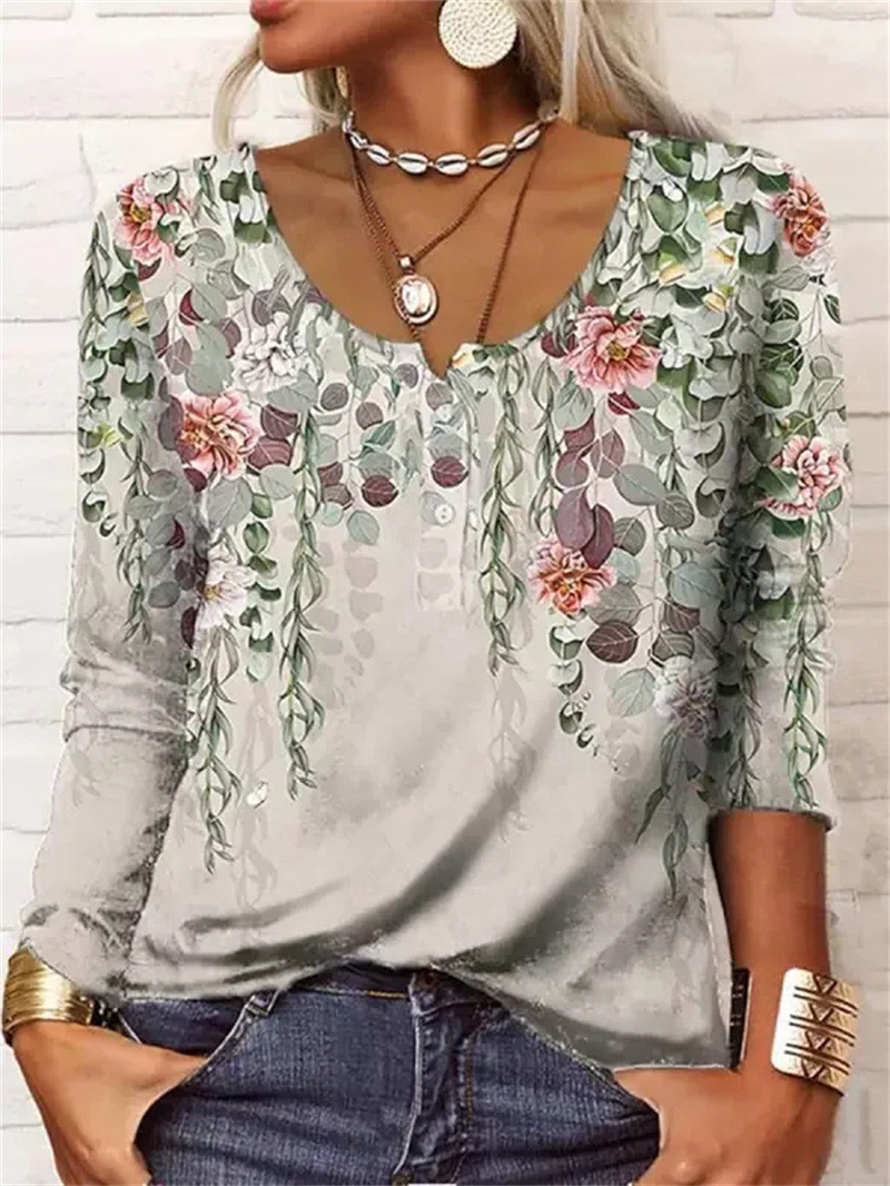 US 19.98 Women's Floral Printed U Collar Long Sleeve TShirt Top