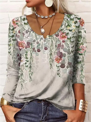 Women's Floral Printed U Collar Long Sleeve T-Shirt Top