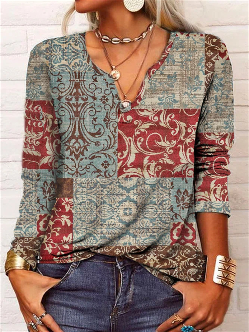 US$ 19.14 - Women's Printed V-Neck Long Sleeve T-Shirt Top - www ...