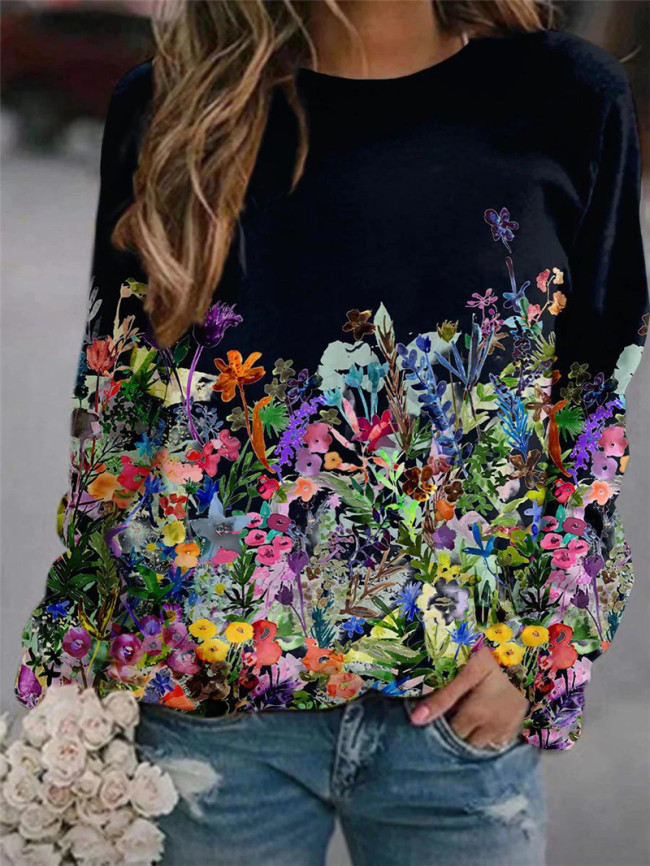 Women's Vintage Colorful Floral Printed Crew Neck Long Sleeve Loose Sweatshirts