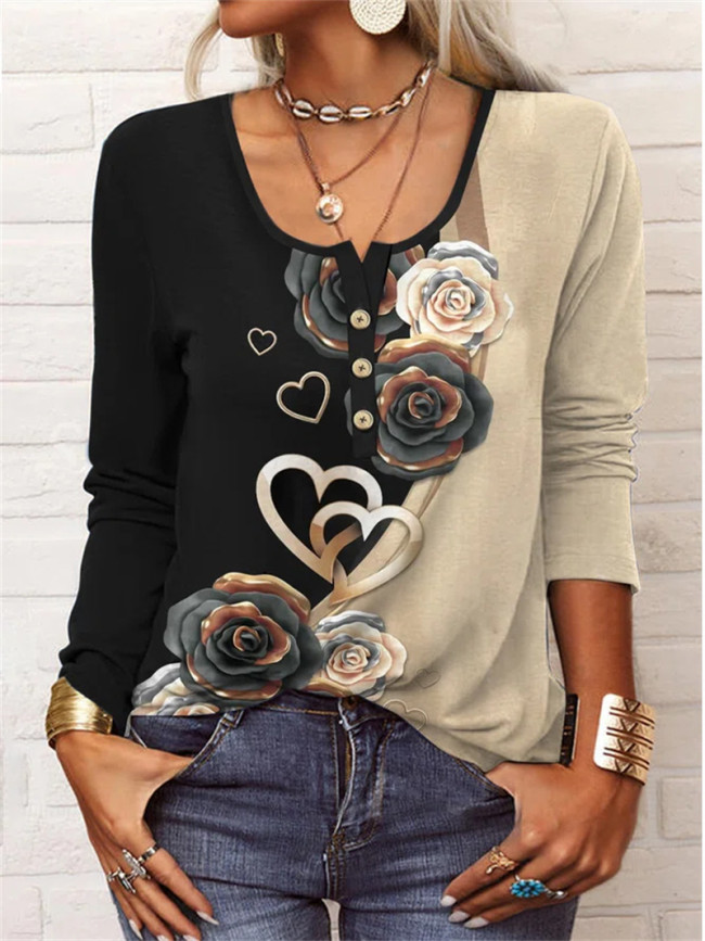 Women's Floral Printed U Collar Long Sleeve T-Shirt Top
