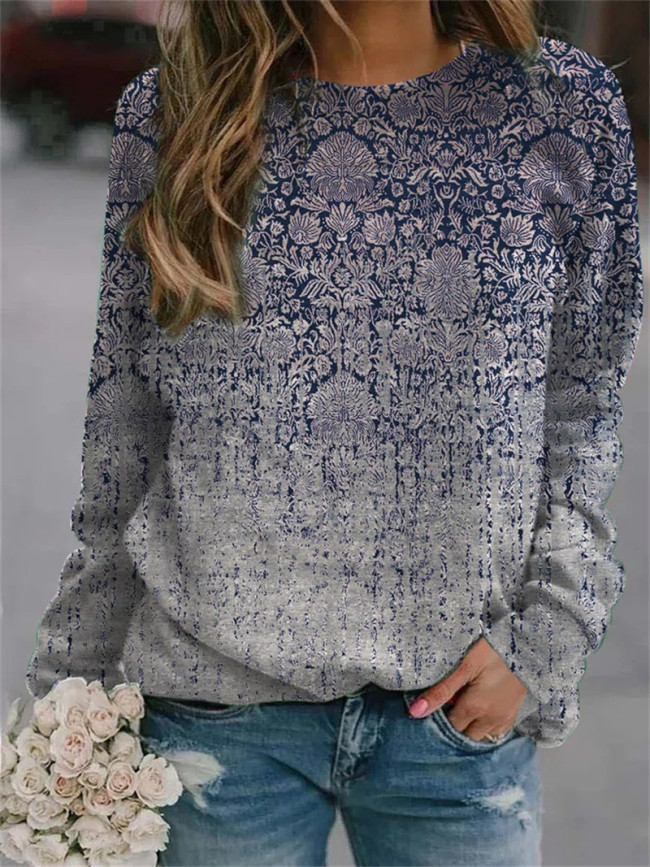 Women's Vintage Floral Printed Crew Neck Long Sleeve Loose Sweatshirts