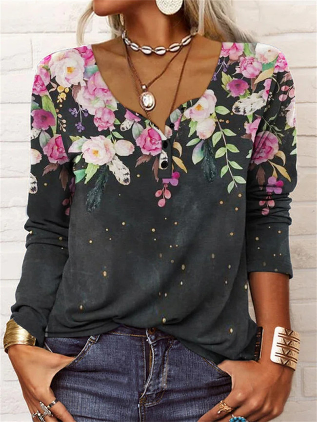 Women's Floral Printed U Collar Long Sleeve Top