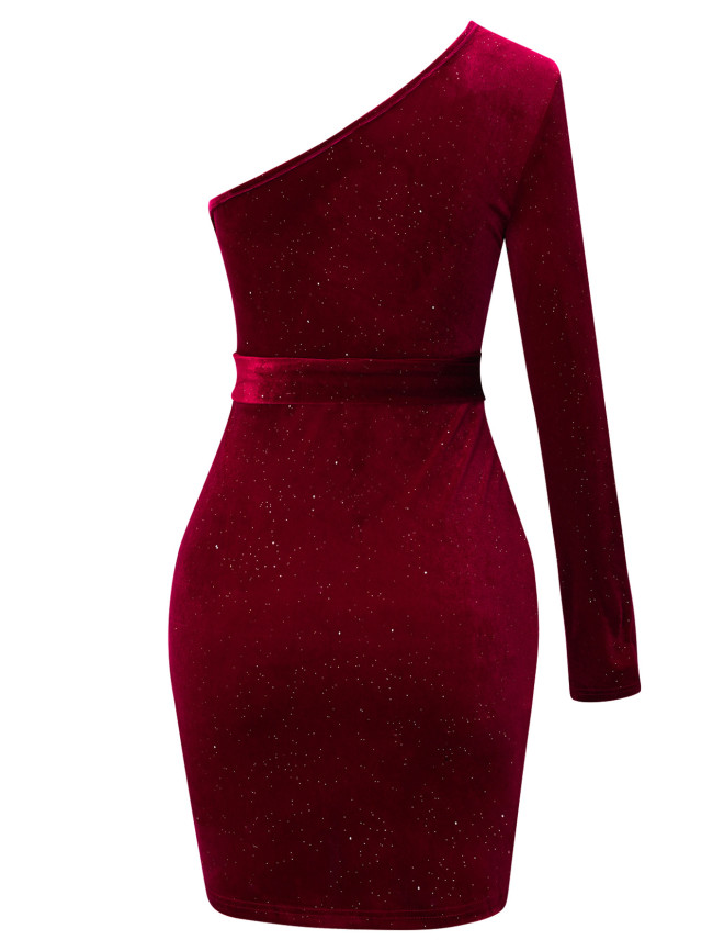Women's Party Dress Glitter One Off-Shoulder Lace Up Bodycon Velvet Dress