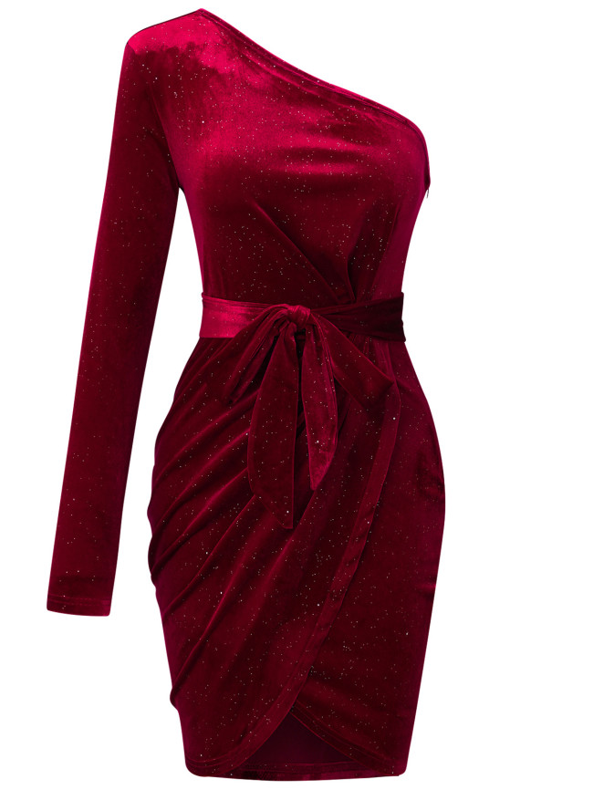 Women's Party Dress Glitter One Off-Shoulder Lace Up Bodycon Velvet Dress