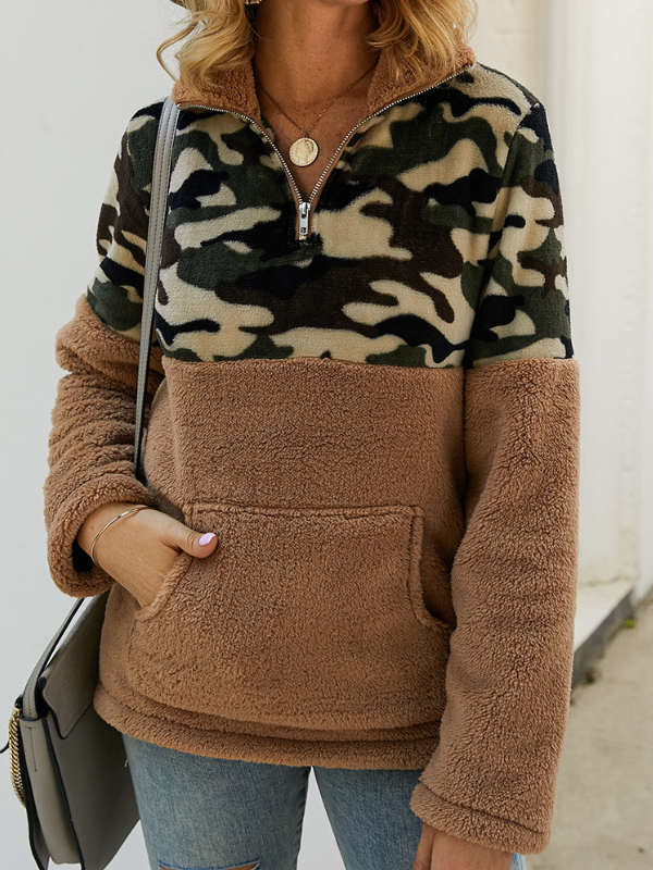 Women's Sweatshirt Leopard Print Half Zipper Stand Collar Front Pocket Fleece Sweatshirt