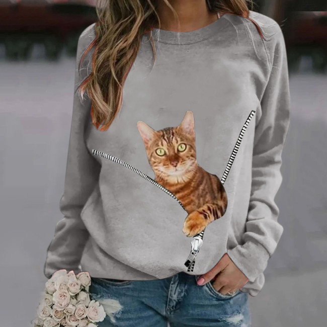 Women's Top Cute Cat Print Crew Neck Long Sleeve Casual T-Shirt