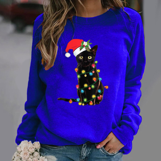 Women's Christmas Top Cute Cat Print Crew Neck Long Sleeve Casual T-Shirt