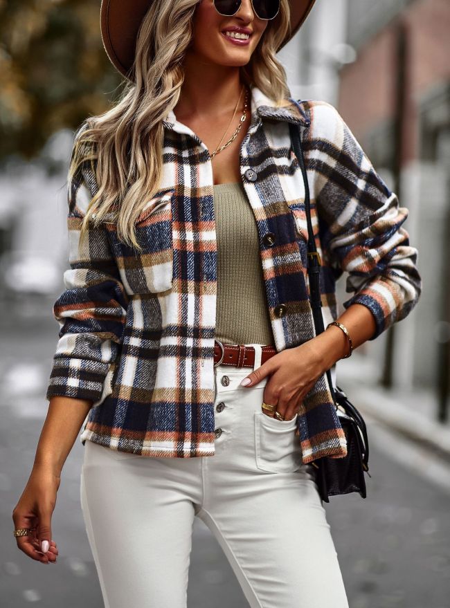 Women's Plaid Shacket Lapel Long Sleeve Thick Plaid Jacket Coat Outwear