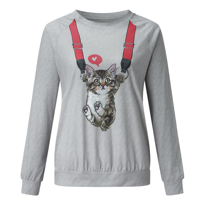 Women's Top Cute Cat Print Crew Neck Long Sleeve T-Shirt