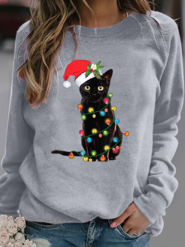 Women's Christmas Top Cute Cat Print Crew Neck Long Sleeve Casual T-Shirt